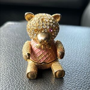 Vintage Gold and Pink Jeweled Bear trinket box with Swarovski crystals